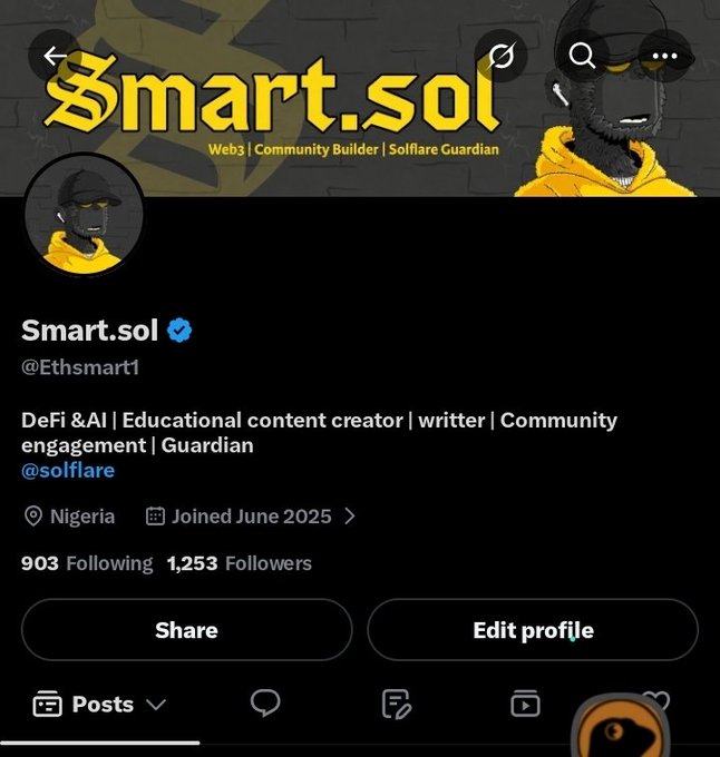 A screenshot of an X (Twitter) profile for 'Smart.sol' (@Ethsmart1), a DeFi & AI content creator from Nigeria, with 903 following and 1,253 followers.