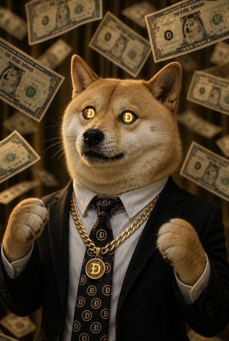 An AI-generated image of a Shiba Inu dog wearing a suit and tie with a gold Dogecoin chain, surrounded by floating Dogecoin-themed dollar bills.