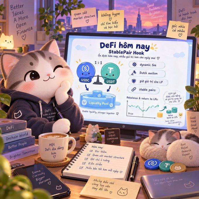 A cute cartoon cat wearing a DeFi hoodie sits at a desk with a computer screen displaying a 'DeFi hôm nay' (DeFi Today) StablePair Hook tutorial about 1:1 USDC to USDT liquidity pools, surrounded by sticky notes with Vietnamese text and crypto-themed items.