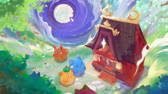 The image features a painting of three cartoon characters standing outside an old red house, which appears to be a temple or shrine. The characters are positioned near the center of the painting, with one character on each side. The background of the painting is filled with trees and bushes, creating a natural setting for the scene. In the top right corner of the image, there's a large blue moon that adds an interesting visual element to the artwork. The post also mentions that the first Axie Infinity Terrariums will be distributing bAXS rewards in less than 19 hours, which suggests that this painting could potentially be related to a product or promotion for the Axie Infinity brand of terrariums.