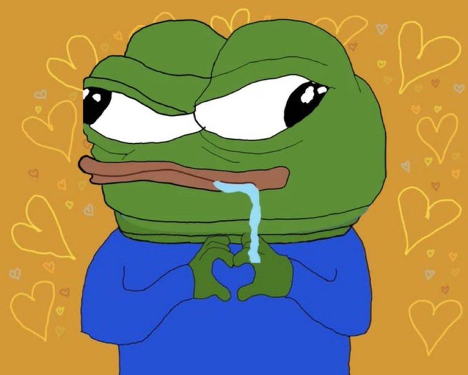 A drawing of Pepe the Frog with half-lidded eyes and drool coming from his mouth, forming a heart shape with his hands against a yellow background covered in hearts.