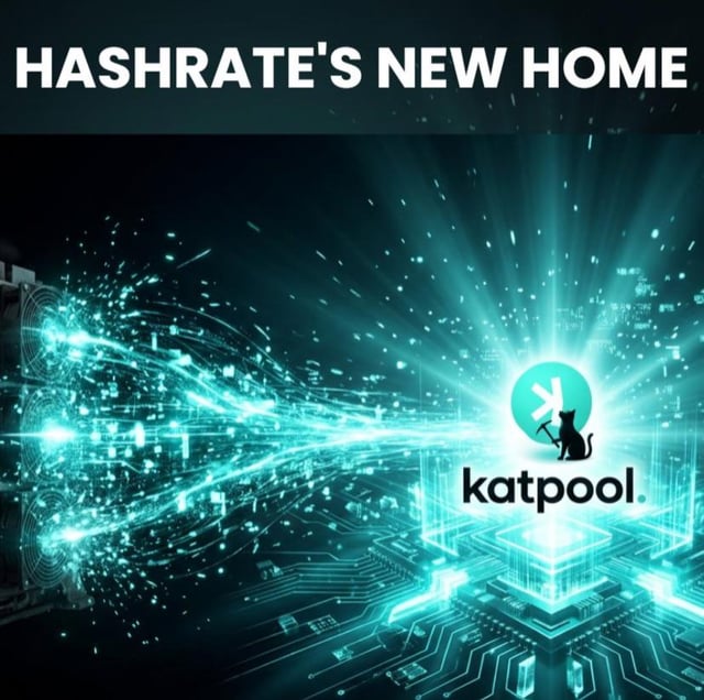 A promotional graphic titled "HASHRATE'S NEW HOME" featuring the katpool logo with a cat silhouette, set against a glowing blue digital circuit background.