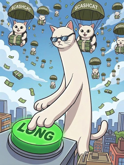 A cartoon illustration shows a white cat wearing sunglasses pressing a green 'LONG' button, surrounded by cats parachuting with '$CASHCAT' bags of money over a cityscape.