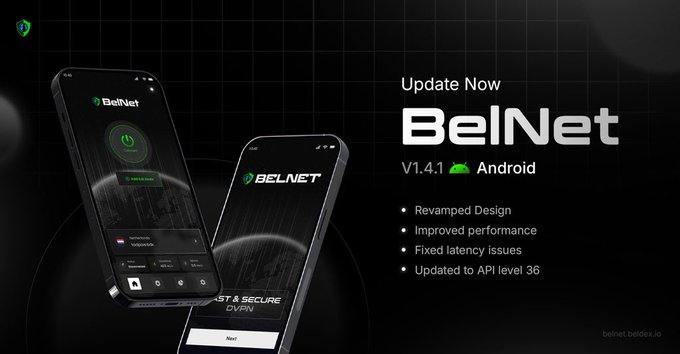 A promotional graphic for 'BelNet' VPN version 'V1.4.1' on Android, listing 'Revamped Design', 'Improved performance', 'Fixed latency issues', and 'Updated to API level 36', alongside two smartphones displaying the app's interface.