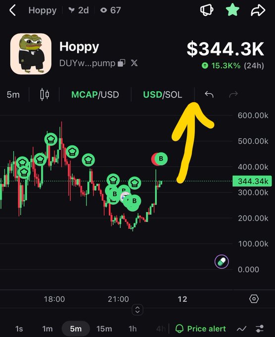 A cryptocurrency price chart for the token 'Hoppy' showing a market cap of $344.3K and a 15.3% increase over 24 hours, with a large yellow arrow pointing to an upward price trend.