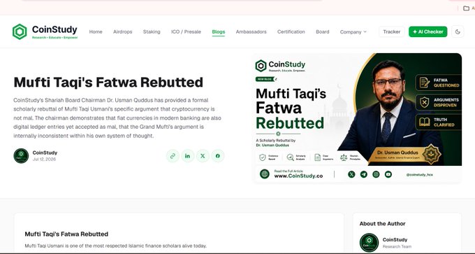 A CoinStudy blog post titled "Mufti Taqi's Fatwa Rebutted" dated July 12, 2026, features Dr. Usman Quddus, Chairman of CoinStudy's Shariah Board, formally rebutting Mufti Taqi Usmani's argument that fiat-based cryptocurrency is not halal, with the page showing navigation options including Blogs, Airdrops, and a "Mufti Taqi's Fatwa QUESTIONED" promotional graphic.
