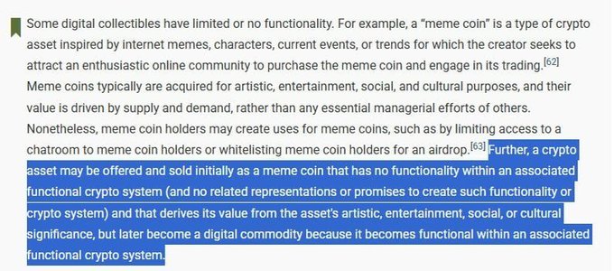 A highlighted text excerpt defining meme coins as crypto assets inspired by internet memes, noting they may later become digital commodities if they become functional within an associated crypto system.