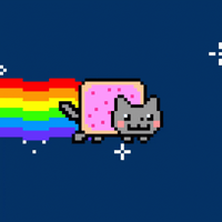 Pixel art image of Nyan Cat, a gray cat with a pink Pop-Tart body, flying through space while leaving a rainbow trail behind it.