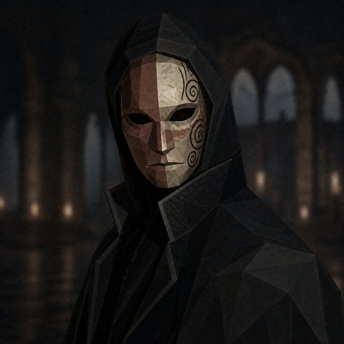 A hooded figure with a low-poly, faceted mask bearing swirling tribal-like engravings stands in a dimly lit, gothic-style hall lit by scattered candles. The image visually embodies the ominous "Order" referenced in the post, suggesting a mysterious, cult-like entity using its 1,111 masks to roam the RobinhoodCrypto platform and reveal users' "true names."