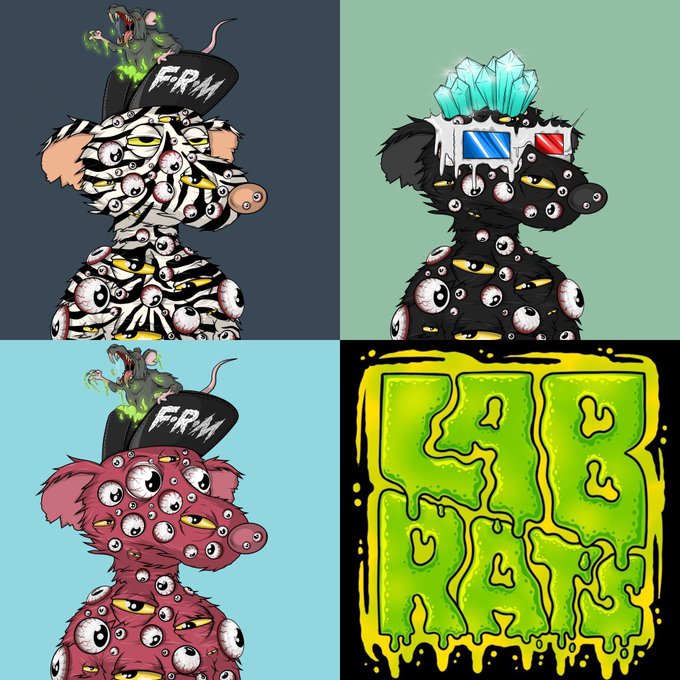 Four-panel cartoon artwork showing grotesque, multi-eyed furry creatures with 'F.R.M.' graffiti and a dripping green slime-style 'GAPY' logo.