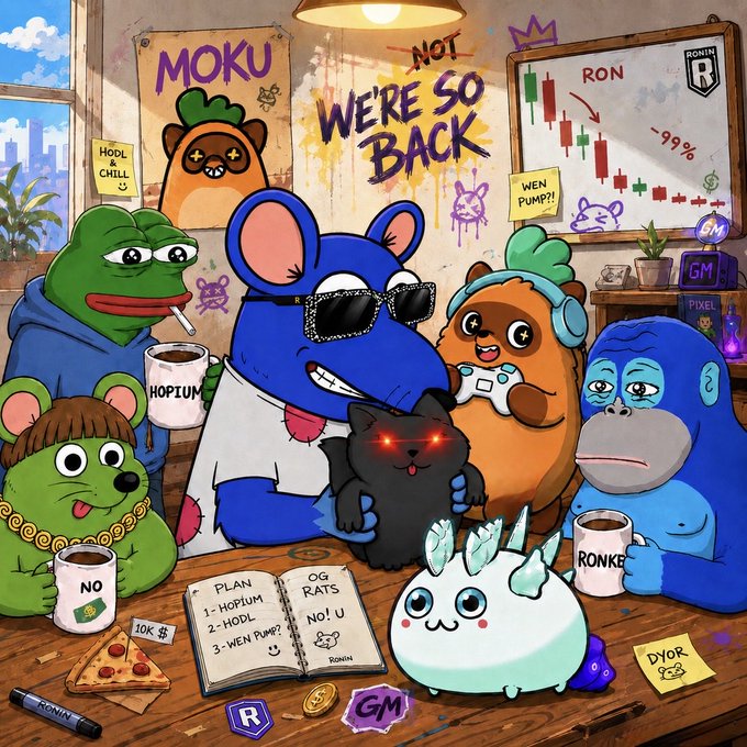 Cartoon illustration of various meme characters (Frog, Pepe, blue rat, orange rat, gorilla, dragon) gathered in a room with crypto-themed graffiti like 'MOKU', 'NOT WE'RE SO BACK', 'HODL & CHILL', 'WEN PUMP?!', and a chart showing RON -99%.