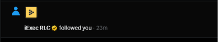 A dark notification screen from a mobile app shows the message "iExec RLC followed you · 23m" with a blue and yellow profile icon, indicating that the user @iEx_ec (associated with the iExec RLC cryptocurrency) has started following them 23 minutes ago.