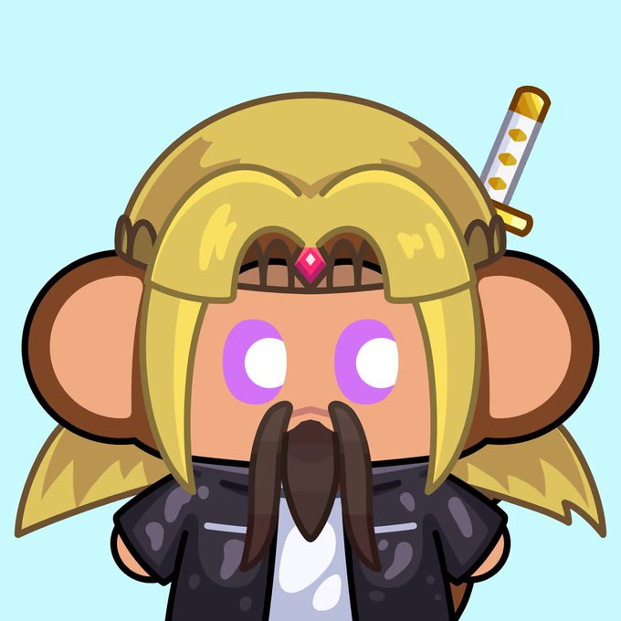 A chibi-style cartoon character with blonde hair, large ears, and purple eyes wears a dark jacket and has a sword on their back.