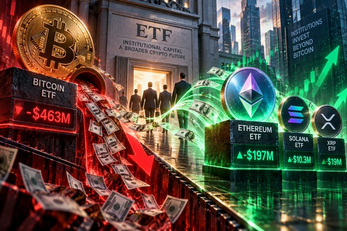 A graphic illustrating cryptocurrency ETFs shows a Bitcoin coin, a large 'ETF' building, and logos for Ethereum, Solana, and XRP, with text highlighting a Bitcoin ETF loss of '-$463M' and gains for the others, alongside the slogan 'INSTITUTIONS INVEST BEYOND BITCOIN'.