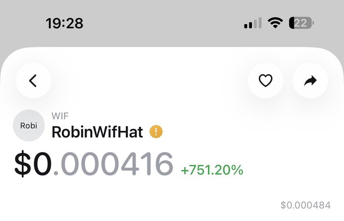 A mobile app screenshot showing the token 'RobinWifHat' (WIF) priced at $0.000416 with a +751.20% gain at 19:28.