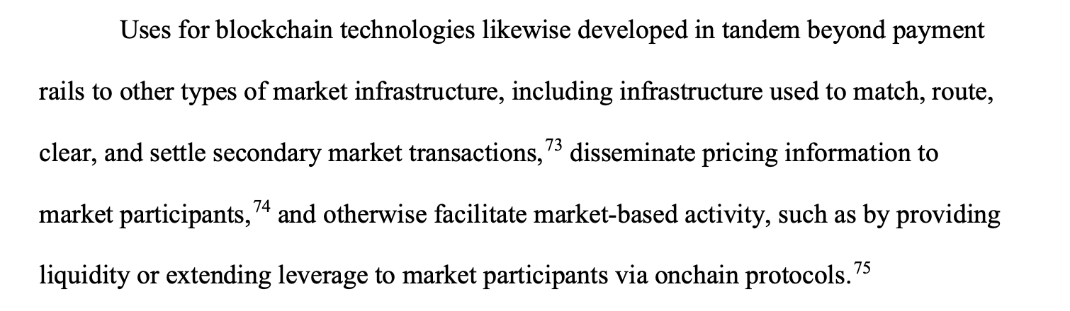 A page of academic or legal text discussing uses for blockchain technologies in market infrastructure, including matching, routing, clearing, and settling secondary market transactions, with footnote references 73-75.