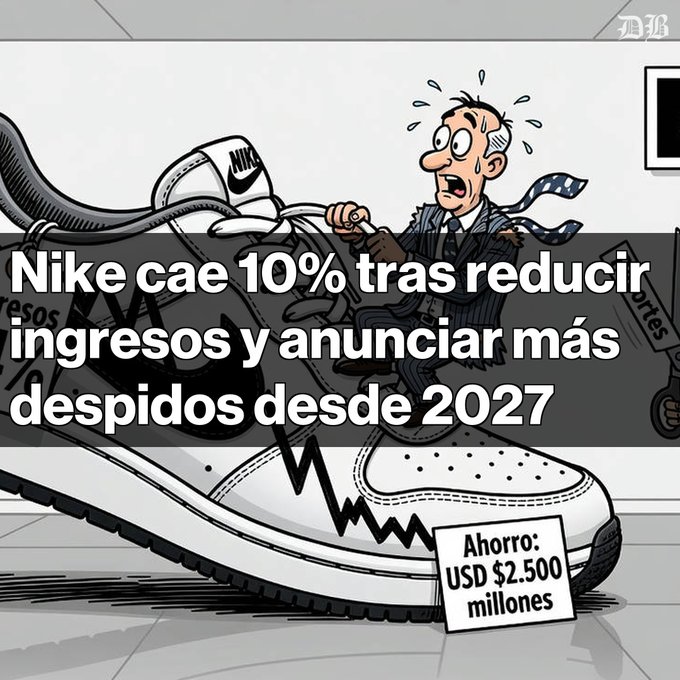A cartoon illustration showing a sweating man riding a giant Nike shoe, with Spanish text: 'Nike cae 10% tras reducir ingresos y anunciar más despidos desde 2027' and 'Ahorro: USD $2.500 millones'.