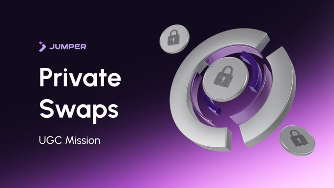 The image features a purple background with white text that reads "Private Swaps UGC Mission". The text is positioned above a circular design, which includes three silver coins placed at different points around the circle. The coins are arranged in such a way that they appear to be floating or hovering within the circle.