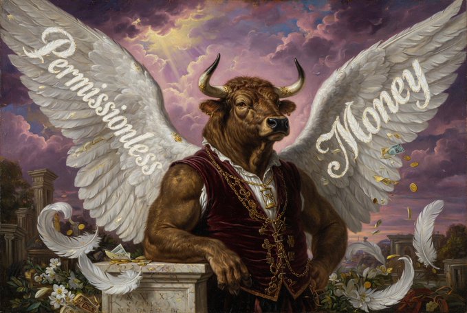 An illustration of a winged bull-headed figure in Renaissance attire with the words 'Permissionless Money' written across its wings against a cloudy purple sky.