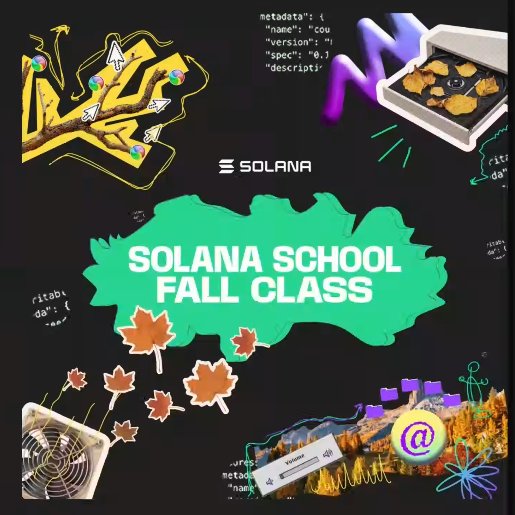 Promotional graphic for 'Solana School Fall Class' featuring the Solana logo, autumn leaves, and a fan, with code snippets and tech-themed decorations on a dark background.