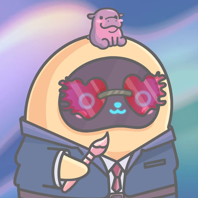 A cartoon illustration of a character in a blue suit and pink tie wearing large red heart-shaped sunglasses, with a small pink hippo-like creature sitting on top of their head, against a colorful swirling background.