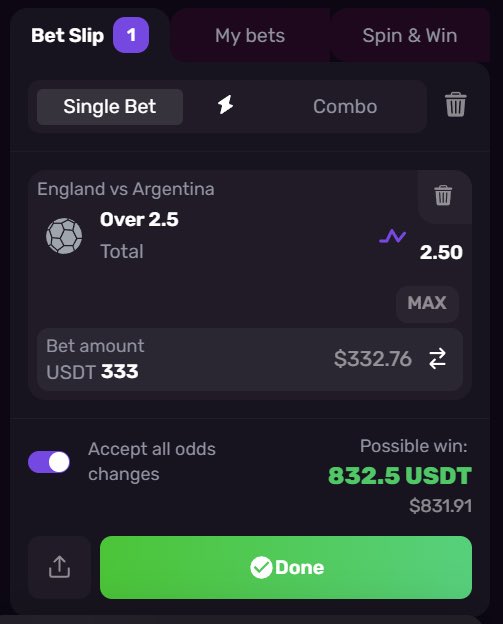 A sports betting slip interface showing a single bet on England vs Argentina, Over 2.5 goals, with a bet amount of 333 USDT, odds of 2.50, and a possible win of 832.5 USDT.