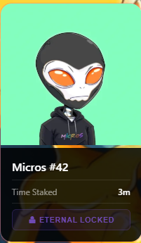 A mobile app screen showing a stylized alien character wearing sunglasses and a hoodie labeled 'Micros', titled 'Micros #42' with 'Time Stacked 3m' and an 'ETERNAL LOCKED' status.