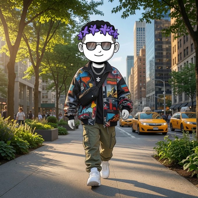 An illustration of a chibi-style cartoon character with a purple flower crown and sunglasses, wearing a colorful graffiti jacket and cargo pants, walking down a sunny New York City street with yellow taxis.