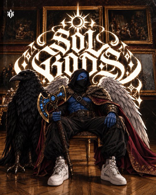 A digital illustration features a blue-skinned, hooded figure with feathered wings sitting on a throne, wearing modern white sneakers, accompanied by a large black raven. The ornate text "Soul Goods" is prominently displayed behind them.