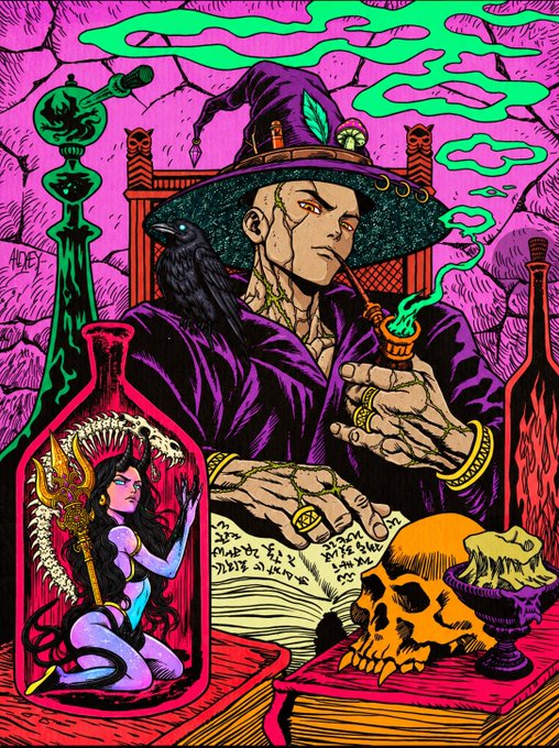 A vibrant fantasy illustration of a tattooed wizard in a purple robe and hat smoking a pipe, surrounded by magical items including a raven, a bottle with a trapped woman, a skull, and mystical green smoke, signed by 'ADET'.