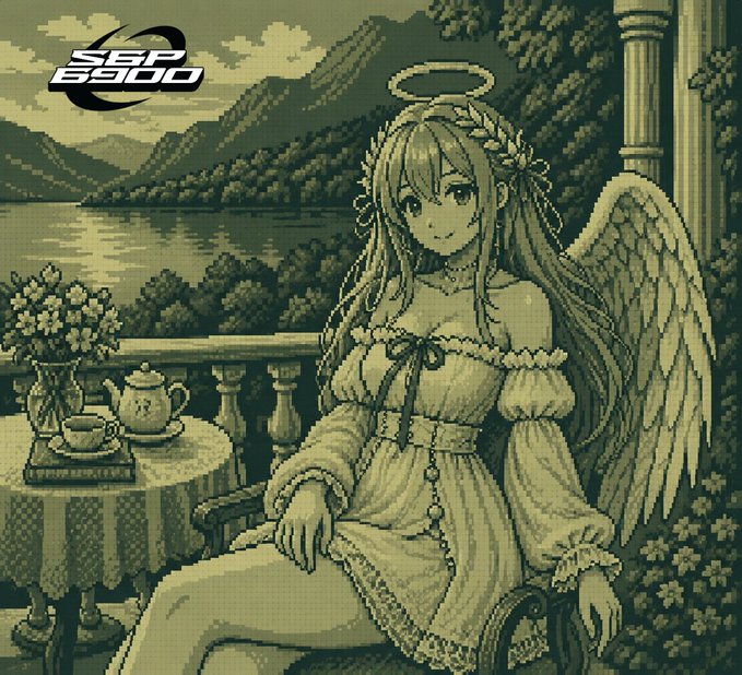 A green-tinted pixel art illustration of an anime angel girl in a dress with wings and a halo, seated near a tea table with a lake and mountains in the background, with 'SEE 8600' in the corner.