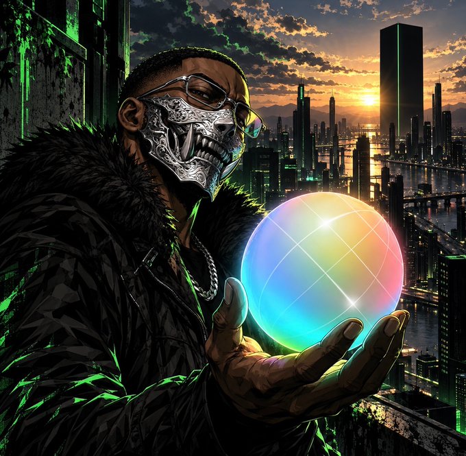 A digital artwork depicting a man wearing an ornate silver skull-like mask and a black feathered coat, holding a glowing multicolored orb against a futuristic city skyline at sunset.