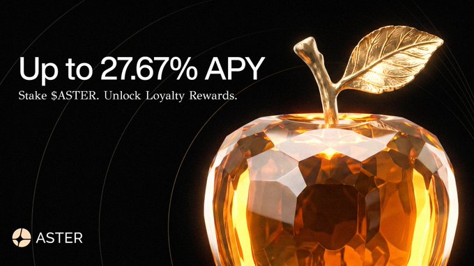 The image features a large, gold-colored crystal apple with a leaf on top, placed against a black background. The text in the image appears to be advertising some type of loyalty reward or staking rewards from Aster. This message encourages people to stake their tokens and potentially earn up to 27.67% APY for certain conditions, as part of Aster's buyback scheme. The post also mentions a significant boost in stake size and a 208-week lock period, which could lead to substantial profits if the chosen lock period is met.