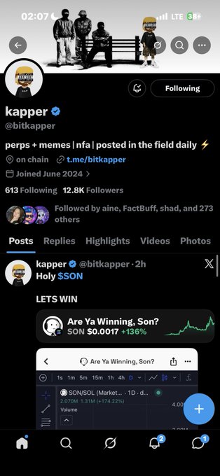 Twitter/X profile for 'kapper' (@bitkapper) showing a pinned post about 'Are Ya Winning, Son?' featuring $SON token up 136% on a price chart.