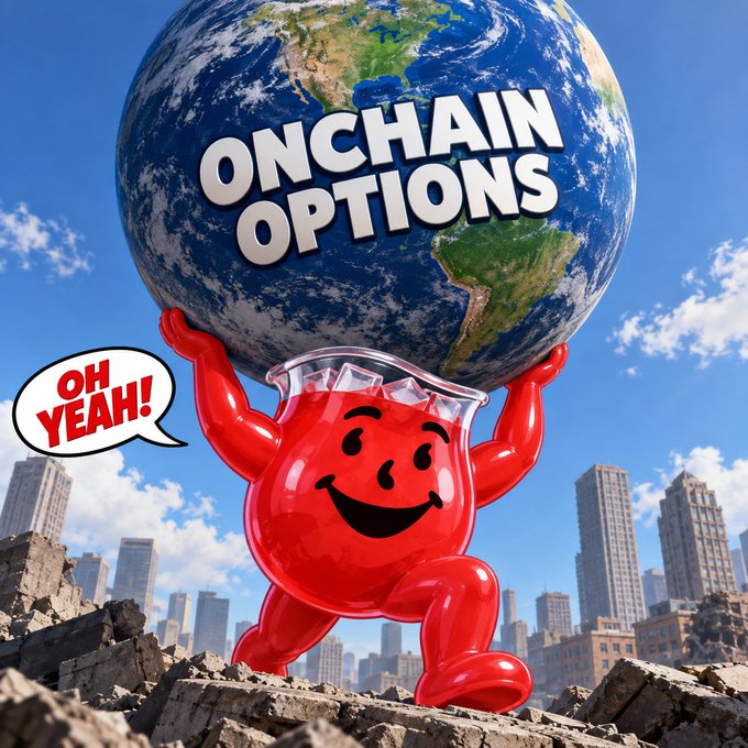 A red Kool-Aid Man-style character lifts a globe labeled 'ONCHAIN OPTIONS' above his head while saying 'OH YEAH!' in a speech bubble, with a cityscape and blue sky in the background.