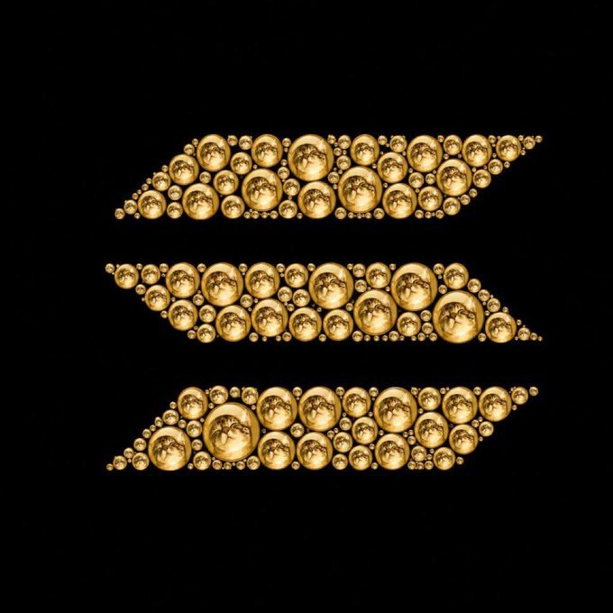 Three horizontal streaks of clustered golden spheres cascade diagonally across a black background, creating an arrow-like upward motion symbolizing Solana's price surge or bullish momentum, aligned with the "Powered by @solana" caption.