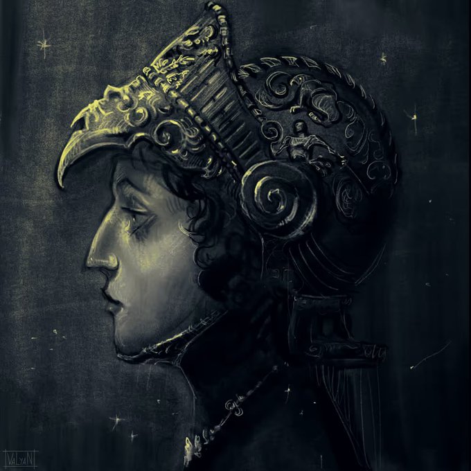 A dark, detailed illustration in profile of a figure wearing an ornate helmet with gold accents and intricate decorative patterns against a starry black background.