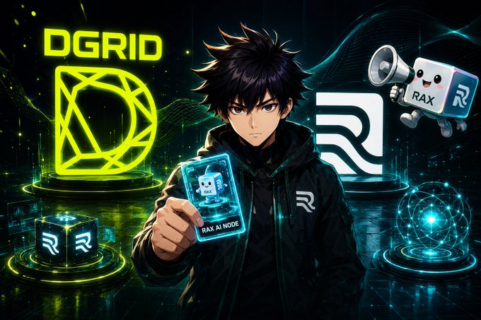 The image features a man holding up two cards, one of which says "RAX" while the other reads "dgrid DGRID". The man appears to be wearing a black jacket with a hoodie underneath. In the background, there are three small objects - a robot, a cube, and another robot. The post is about an upcoming RAX Finance campaign that encourages users to collect, forge, and earn every fragment of value within the RAX ecosystem.