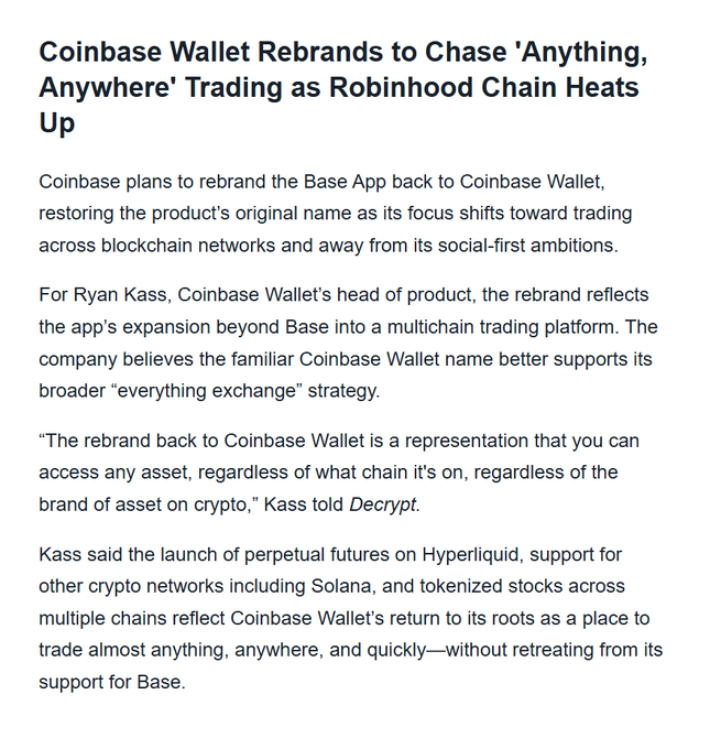 An article titled 'Coinbase Wallet Rebrands to Chase Anything, Anywhere Trading as Robinhood Chain Heats Up' detailing Coinbase's plan to rename the Base App back to Coinbase Wallet.