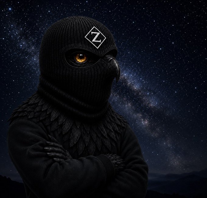 This image features a striking black bird-like figure with a balaclava and a diamond logo with a "Z" on its forehead, set against a starry night sky. The image likely represents the giveaway or contest being promoted, possibly a brand or entity associated with the "Z" logo.