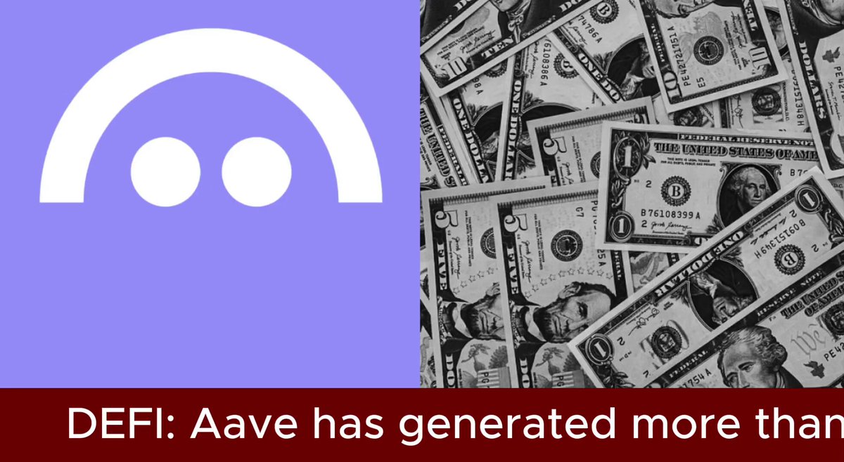 The image features two photographs side by side. The top photograph shows a collection of $AAVE banknotes stacked neatly together, while the bottom photograph shows a close-up view of @Aave logos placed among the money. Both images are accompanied by text that provides information about DefiLlama and @Aave's achievements within the DeFi lending landscape. This text is directly related to the content of the image itself.