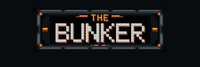 A pixel-art logo displaying "THE BUNKER" in bold orange and white block letters, framed by a dark metallic border with orange accents, promoting the Bunker NFT collection mint as referenced in the accompanying tweet.