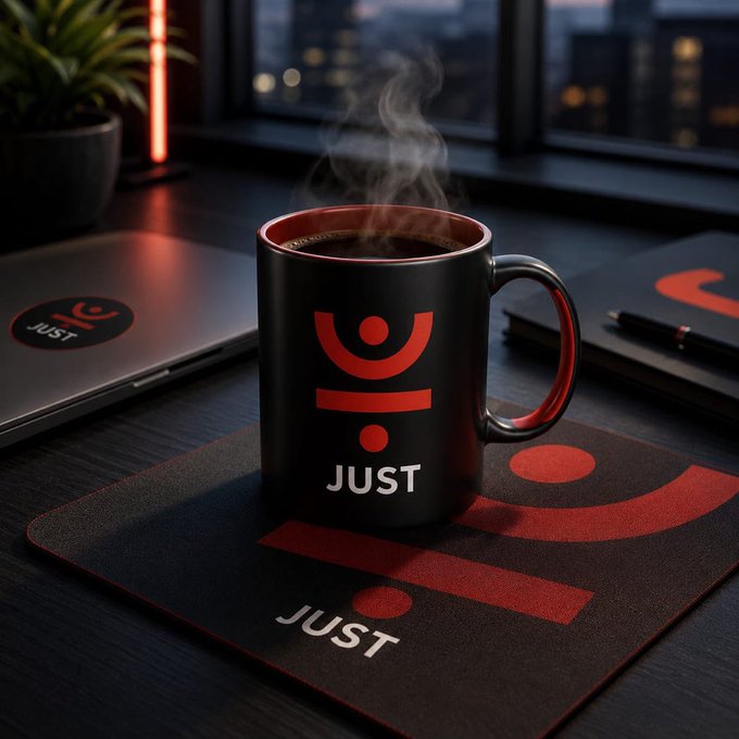 A black coffee mug with a red 'JUST' logo sits on a matching mousepad, with steam rising from the coffee, alongside a laptop and notebook in a dimly lit room.