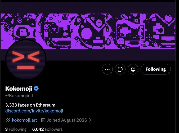 A Twitter/X profile page for "Kokomoji" (@Kokomojinft) with purple pixel-art banner art, featuring a grumpy orange face avatar and bio text reading "3,333 faces on Ethereum".