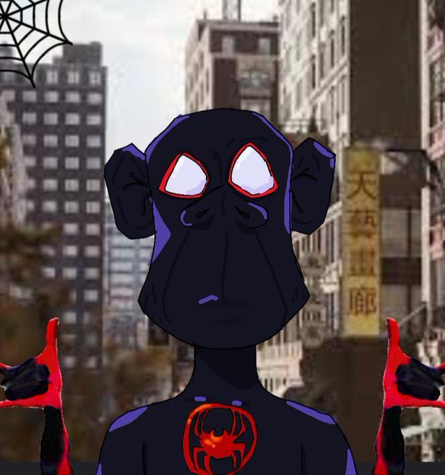 A cartoon dark-blue character with glowing red eyes and a spider emblem on its chest gives a thumbs-up against a city backdrop.