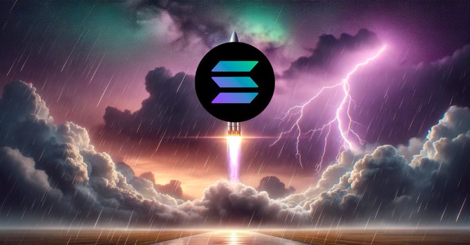 A rocket featuring the Solana (SOL) logo blasts dramatically into a stormy sky filled with lightning, symbolizing the post's claim that "Solana is going to explode."