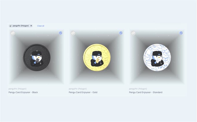 Three "Pengu Card Enjoysoor" NFTs from the pengu.eth (Polygon) collection displayed in a wallet view, featuring black, gold, and standard versions of a penguin character coin design, with the post noting the collector now has 19 SBTs after adding these three to their KAST wallet.