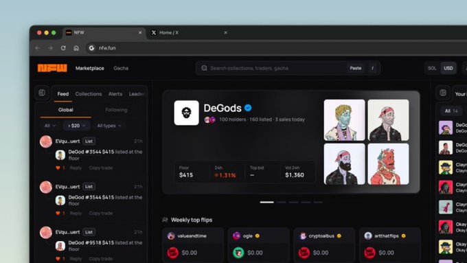 A screenshot of the 'NFP' NFT marketplace interface displaying the 'DeGods' collection with a floor price of $415 and various digital artwork listings.