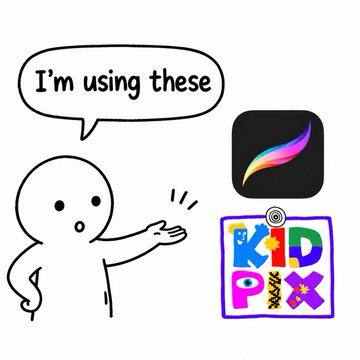 A cartoon figure saying 'I'm using these' while gesturing toward the Apple Procreate app icon and a 'Kid Pix' logo.