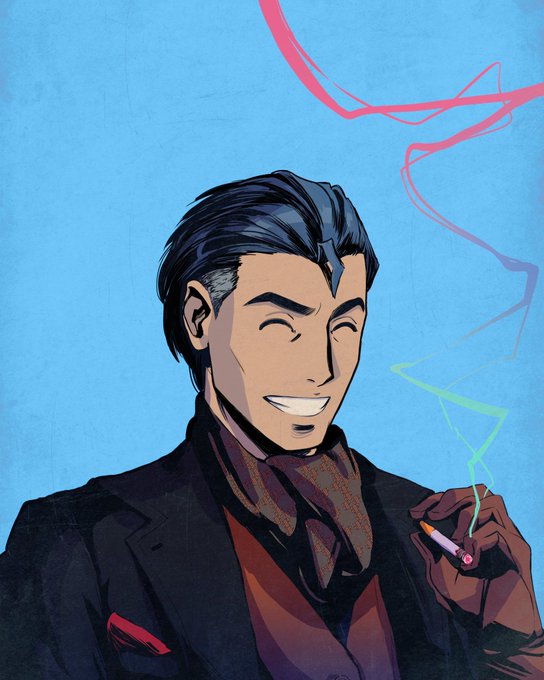 An illustrated portrait of a smiling man with dark hair smoking a cigarette, with colorful pink, blue, and green smoke swirling against a blue background.